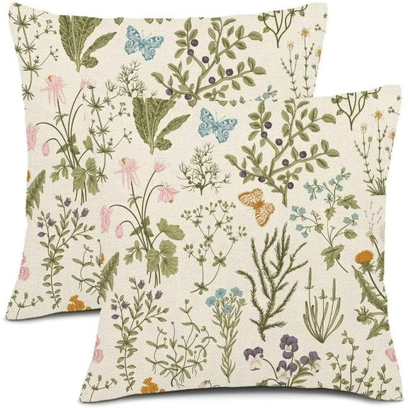 Spring Pillow Covers 16x16 Set of 2, Garden Plants Herbs Cushion Cases Wildflowers Botanical Classic Design Throw Pillow Covers for Home Decor Sofa Car Bedroom
