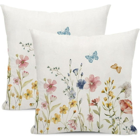 Spring Pillow Covers 16x16 Set of 2, Watercolor Flowers Leaves Butterfly Decor Farmhouse Throw Pillows Summer Spring Decorations Floral Pillowcase Square Outdoor Cushion Case for Couch Home