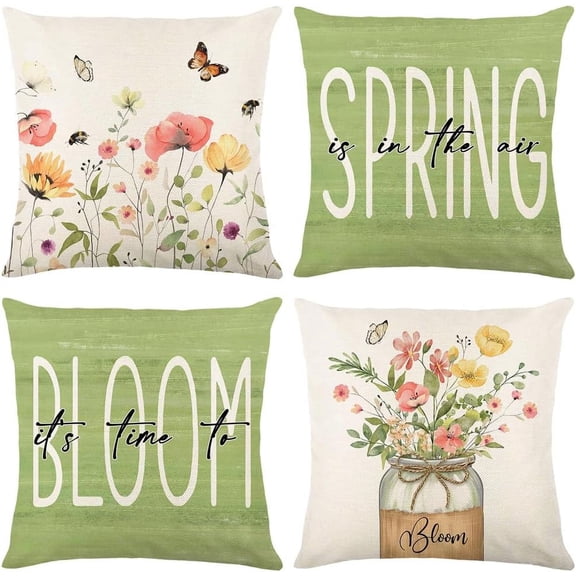 Spring Pillow Covers 16x16 Set of 4 Green Decorative Throw Pillow Covers Floral Farmhouse Cushion Cases for Sofa Couch Living Room Outdoor Home Decor