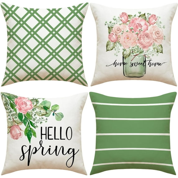 Spring Pillow Covers 16x16 Set of 4 Green Farmhouse Throw Pillow Covers Floral Decorative Cushion Cases for Sofa Couch Living Room Outdoor Home Decor