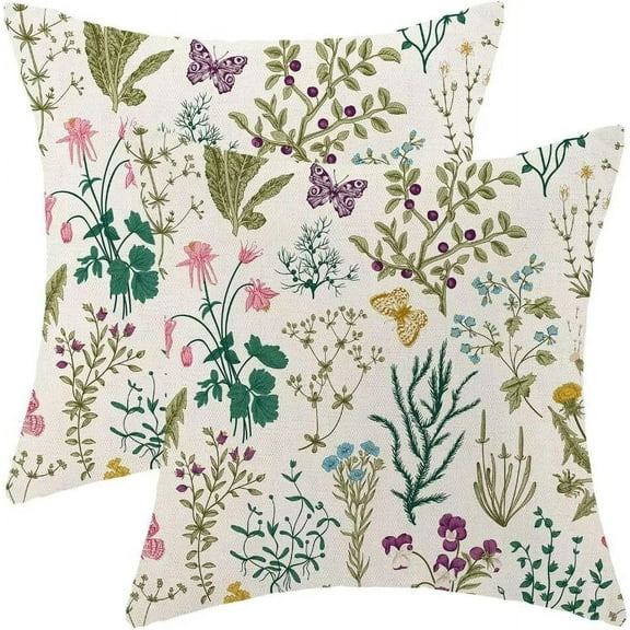 Spring Pillow Covers 18 X 18 Inch Set of 2, Sage Green Wildflower Plant Floral Decorative Throw Pillow Covers Farmhouse Outdoor Flower Cushion Cases for Couch Sofa Home Decor