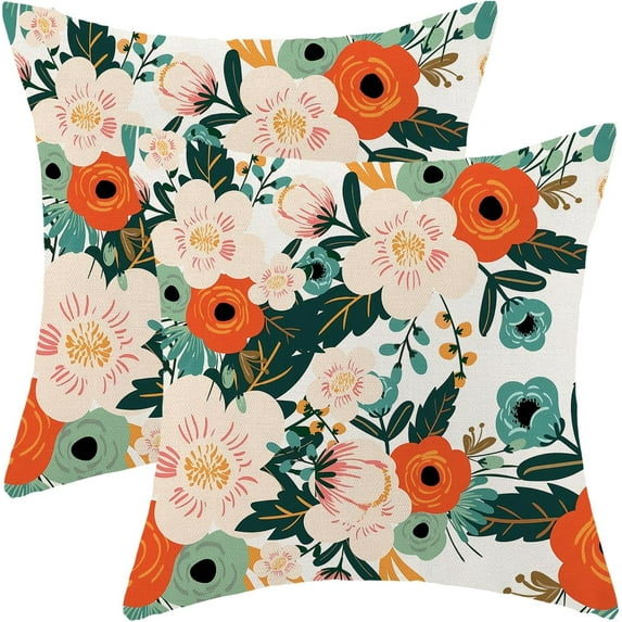 Spring Pillow Covers 18 x 18 Inch Set of 2 for Watercolor Flowers Decor Throw Pillows Pink Red Green Plant Floral Outdoor Decorative Cushion Cases for Couch Bed Decorations