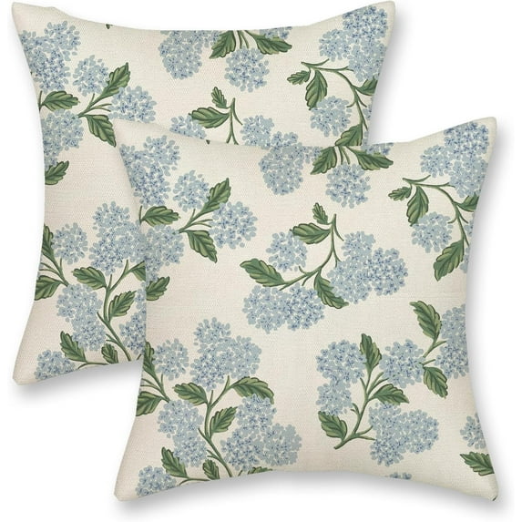 Spring Pillow Covers 18x18 Inch 2 Pcs Navy Blue Sage Green Hydrangea Flower Decor Throw Pillows Vintage Floral Seasonal Summer Outdoor Decoration Pillowcase Linen Cushion Cover for Couch Sofa