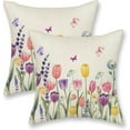 thumbnail image 1 of Spring Pillow Covers 18x18 Inch 2 Pcs Pink Tulip Lavender Flower Decor Throw Pillows Butterfly Floral Plant Seasonal Summer Outdoor Decoration Pillowcase Linen Cushion Cover for Couch Sofa, 1 of 5