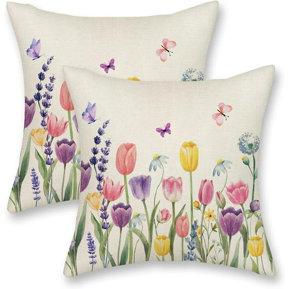 Spring Pillow Covers 18x18 Inch 2 Pcs Pink Tulip Lavender Flower Decor Throw Pillows Butterfly Floral Plant Seasonal Summer Outdoor Decoration Pillowcase Linen Cushion Cover for Couch Sofa