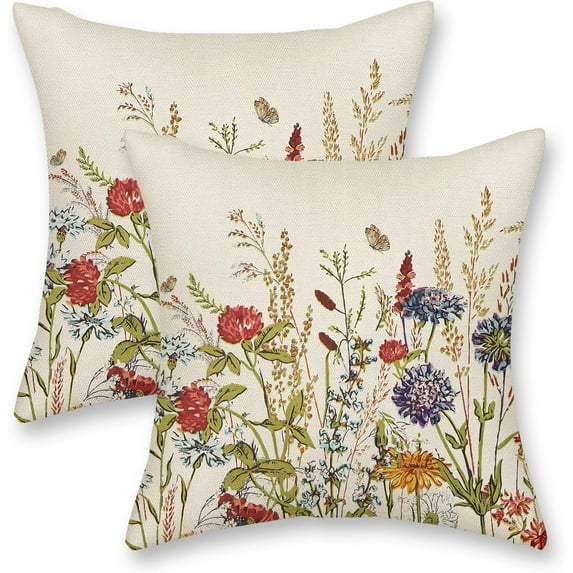Spring Pillow Covers 18x18 Inch 2 Pcs Sage Green Watercolor Wild Flower Decor Throw Pillows Vintage Floral Plant Seasonal Summer Outdoor Decoration Pillowcase Linen Cushion Cover for Couch Sofa