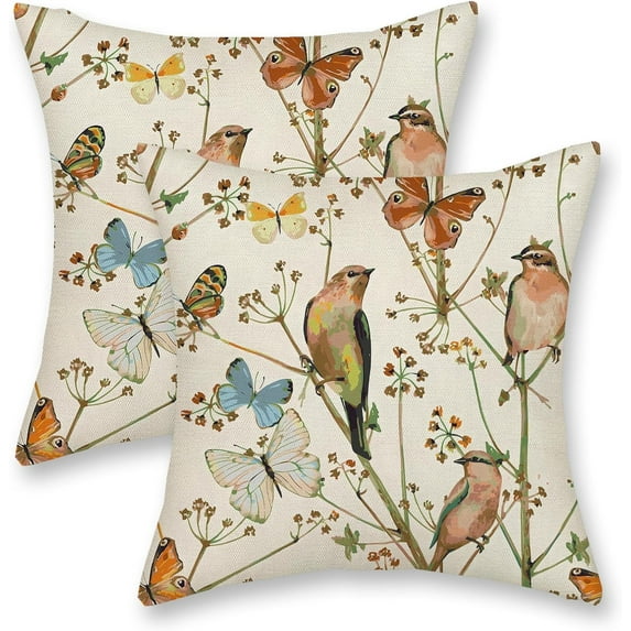 Spring Pillow Covers 18x18 Inch 2 Pcs Watercolor Bird Butterfly Flower Decor Throw Pillows Vintage Floral Plant Seasonal Summer Outdoor Decoration Pillowcase Linen Cushion Cover for Couch Sofa