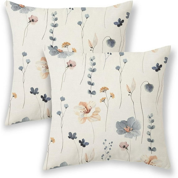 Spring Pillow Covers 18x18 Inch 2 Pcs, Watercolor Blue Flower Leaves Decorative Throw Pillows,Plant Floral Leaf Summer Seasonal Outdoor Decor Pillowcase Cushion Cover for Couch Sofa
