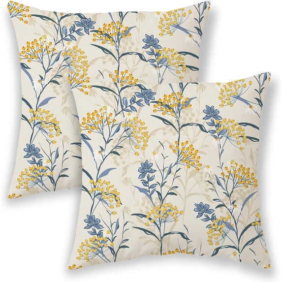 Spring Pillow Covers 18x18 Inch 2 Pcs, Watercolor Blue and Yellow Flower Decorative Throw Pillows,Vintage Plant Floral Summer Seasonal Outdoor Decor Pillowcase Cushion Cover for Couch Sofa