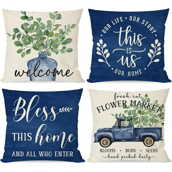 Spring Pillow Covers 18x18 Inch Eucalyptus Leaves Greenery Blue Vase Truck Bless This Home Set of 4 Outdoor Farmhouse Summer Welcome Decorative Throw Pillows Cases for Couch Room Decor