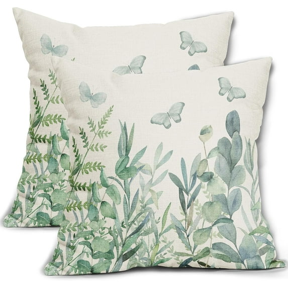 Spring Pillow Covers 18x18 Inch Sage Green Eucalyptus Floral Butterfly Decoration Summer Outdoor Throw Pillow Covers Set of 2 Farmhouse Pillowcases Cotton Linen Cushion Covers for Couch Home Decor