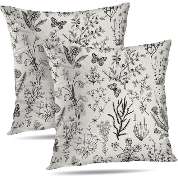Spring Pillow Covers 18x18 Inch Set of 2 Black Gray Wild Flower Plant Throw Pillows Case Seasonal Floral Decorative Square Linen Farmhouse Decor Cushion Covers for Home Sofa Bed Couch