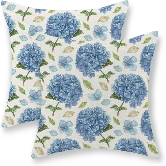 Spring Pillow Covers 18x18 Inch Set of 2, Blue Hydrangea Flower Throw Pillows Spring Summer Floral Decorations Holiday Farmhouse Pillowcase Linen Outdoor Decor Cushion Case for Couch Sofa Home
