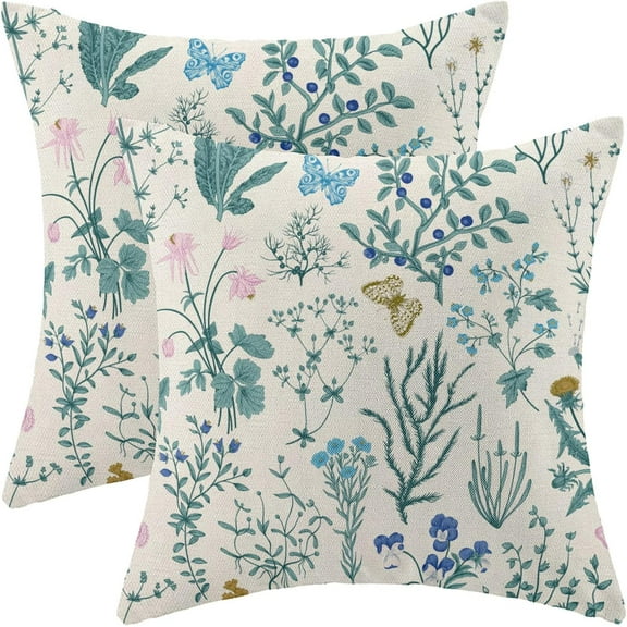 Spring Pillow Covers 18x18 Inch Set of 2,Blue Teal Wild Flower Plant Throw Pillows Case,Seasonal Floral Outdoor Decorative Square Farmhouse Decor Cushion Covers for Home Sofa Bed Couch