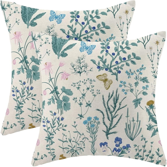 Spring Pillow Covers 18x18 Inch Set of 2,Blue Teal Wild Flower Plant Throw Pillows Case,Seasonal Floral Outdoor Decorative Square Farmhouse Decor Cushion Covers for Home Sofa Bed Couch