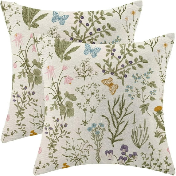 Spring Pillow Covers 18x18 Inch Set of 2,Sage Green Wild Flower Plant Throw Pillows Case,Seasonal Floral Outdoor Decorative Square Linen Farmhouse Decor Cushion Covers for Home Sofa Bed Couch