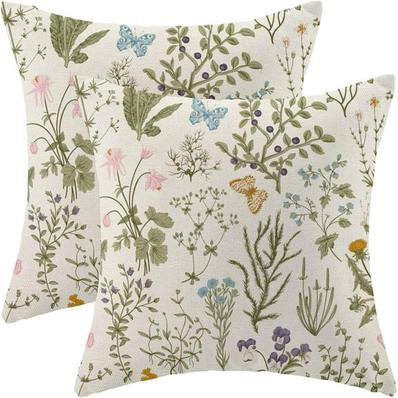 Spring Pillow Covers 18x18 Inch Set of 2,Sage Green Wild Flower Plant Throw Pillows Case,Seasonal Floral Outdoor Decorative Square Linen Farmhouse Decor Cushion Covers for Home Sofa Bed Couch