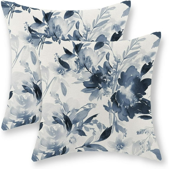 Spring Pillow Covers 18x18 Inch Set of 2, Watercolor Blue Flower Throw Pillows Summer Spring Floral Decorations Pillowcase Farmhouse Decor Linen Outdoor Cushion Case for Home Party