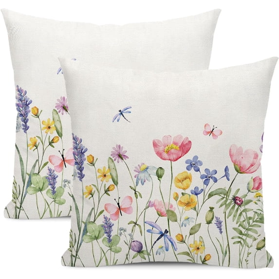 Spring Pillow Covers 18x18 Inch Set of 2, Watercolor Butterfly Flower Decor Farmhouse Throw Pillows Summer Spring Decorations Floral Pillowcase Square Outdoor Cushion Case for Couch Home Party