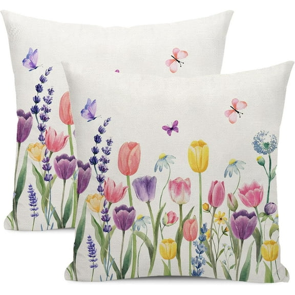 Spring Pillow Covers 18x18 Inch Set of 2, Watercolor Flowers Lavender Tulip Throw Pillows Summer Spring Decorations Floral Pillowcase Square Outdoor Decor Farmhouse Cushion Case for Couch Home
