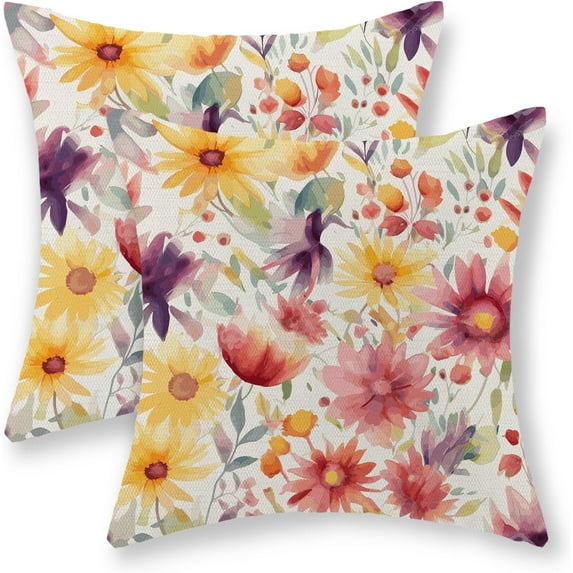 Spring Pillow Covers 18x18 Inch Set of 2, Watercolor Leaves Sunflower Decor Farmhouse Throw Pillows Summer Spring Decorations Floral Pillowcase Square Linen Outdoor Cushion Case for Home Party