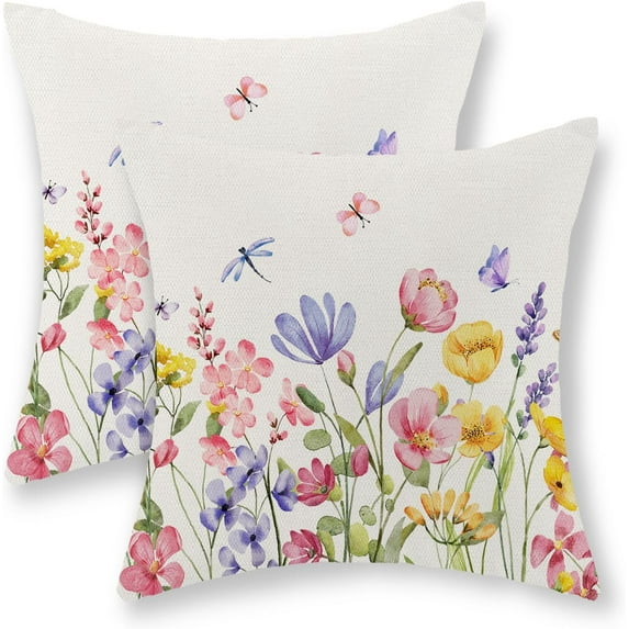 Spring Pillow Covers 18x18 Inch Set of 2, Watercolor Pupple Pink Yellow Flowers Throw Pillows Summer Spring Decorations Floral Pillowcase Outdoor Decor Farmhouse Cushion Case for Couch Home