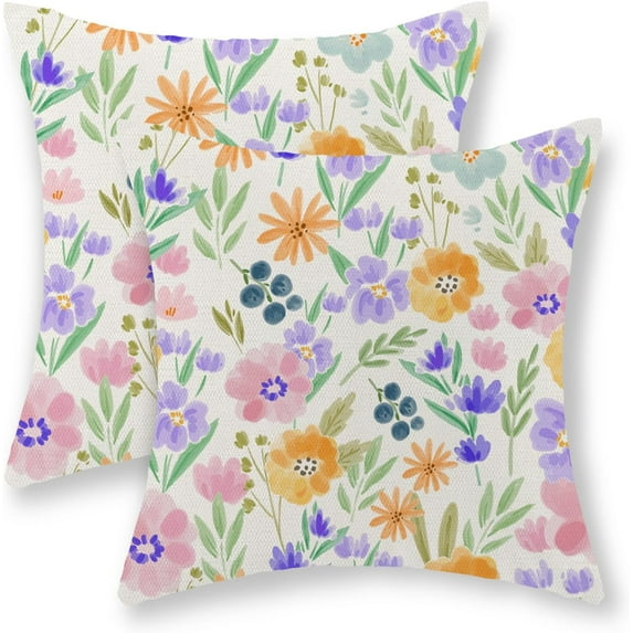 Spring Pillow Covers 18x18 Inch Set of 2, Yellow Pink Purple Flowers Throw Pillows Summer Spring Floral Leaf Print Decor Pillowcase Farmhouse Outdoor Decorations Cushion Case for Couch Home