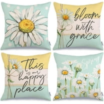 Spring Pillow Covers 18x18 Inch Set of 4, Floral Daisy Bloom with Grace This is Our Happy Place Striped Blue Farmhouse Decorative Throw Pillowcases for Home Sofa Couch Decoration G514-18