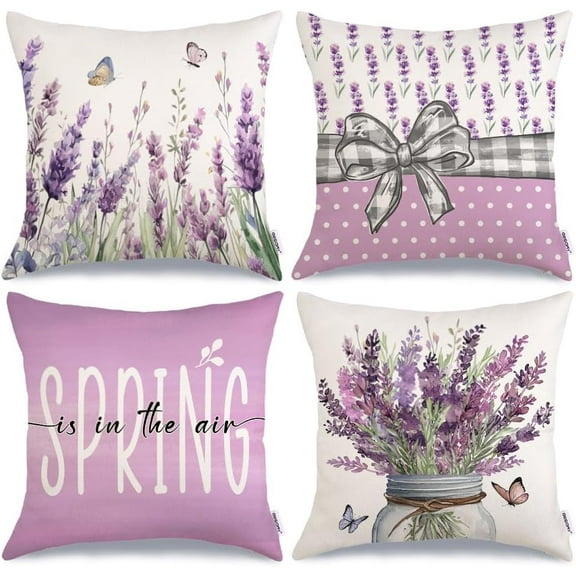 Spring Pillow Covers 18x18 Inch Set of 4, Floral Mason Jar Spring is in The Air Purple Lavender Farmhouse Decorative Throw Pillowcases for Home Sofa Couch Decoration G513-18