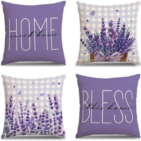 Spring Pillow Covers 18x18 Inch Set of 4 Lavender Purple Floral Throw Pillow Covers Farmhouse Pillowcase Outdoor Decor Cushion Case for Sofa Couch