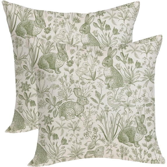Spring Pillow Covers 18x18 Pack of 2 Sage Green Rabbit Floral Throw Pillow Covers Outdoor Decoration Easter Bunny Flower Decor Pillowcase Farmhouse Decorative Linen Cushion Case for Home Sofa
