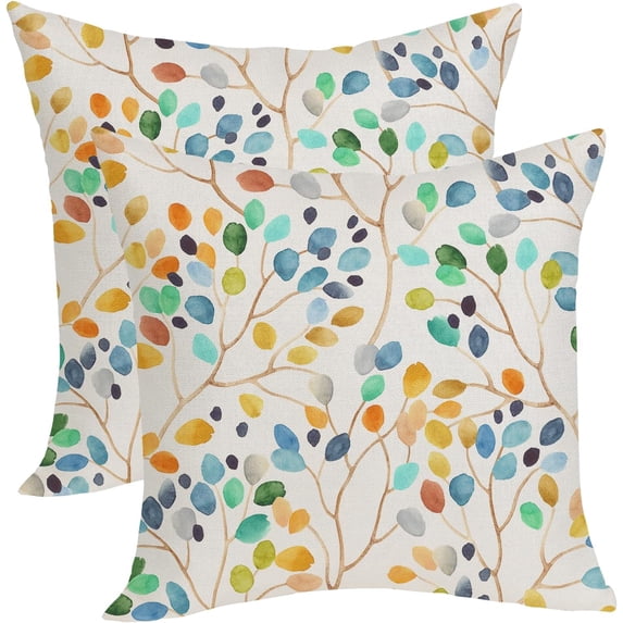 Spring Pillow Covers 18x18 Pack of 2 Watercolor Botanical Colorful Leaves Floral Throw Pillow Cover Outdoor Indoor,Spring Summer Colorful Pillowcase Decorative Linen Cushion Case for Sofa Couch