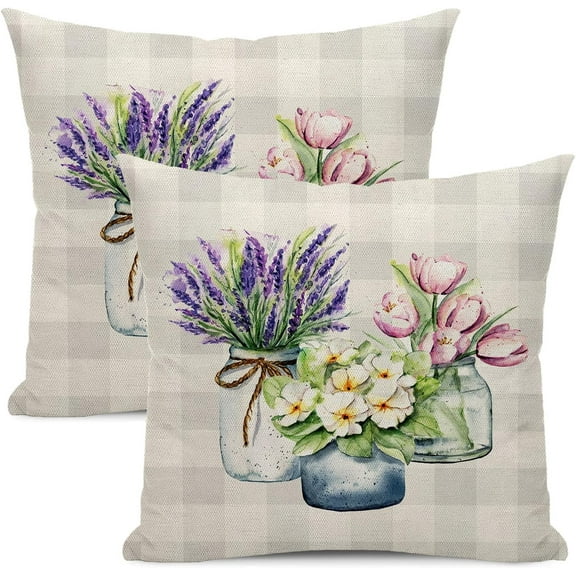 Spring Pillow Covers 18x18 Set of 2, Gray Buffalo Plaids Lavender Tulip Floral Decorative Throw Pillow Covers for Flower Linen Purple Farmhouse Cushion Case for Couch Sofa Spring Decor