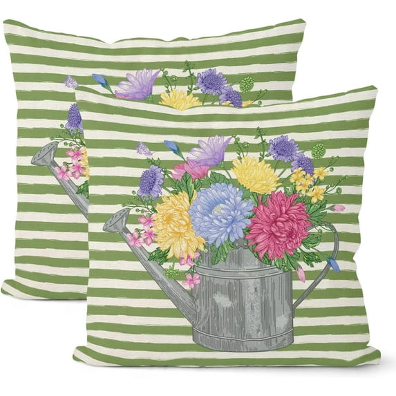 Spring Pillow Covers 18x18 Set of 2, Green Stripes Floral Farmhouse Throw Pillow Covers Colorful Flowers Decorative Spring Summer Pillowcase Decorations for Home Couch Sofa Outdoor