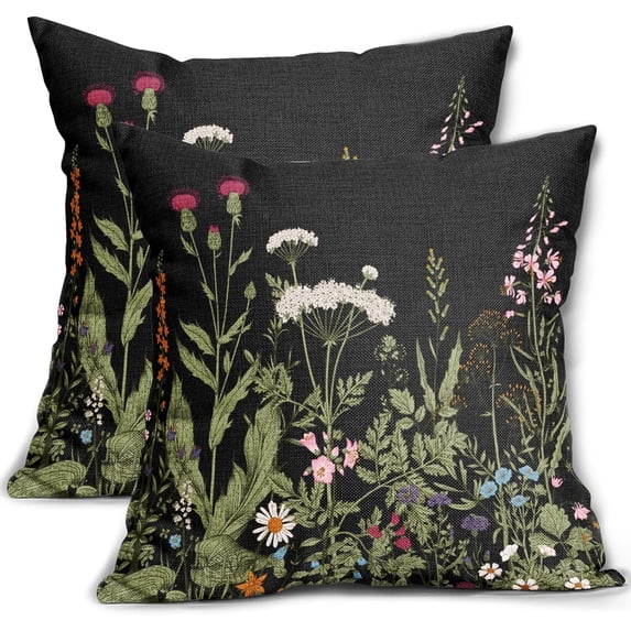 Spring Pillow Covers 18x18 Set of 2 Sage Green Black Floral Wild Flower Plant Vintage Botanical Print Decorative Throw Pillow Cases Outdoor Seasonal Farmhouse Decor for Sofa Couch Bed