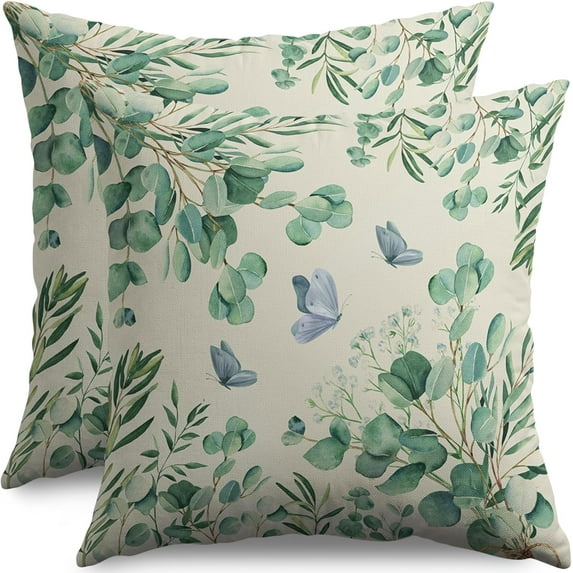 Spring Pillow Covers 18x18 Set of 2 Sage Green Watercolor Eucalyptus Leaf Butterfly Decorative Throw Pillow Cases Outdoor Summer Farmhouse Decor for Sofa Couch Bed