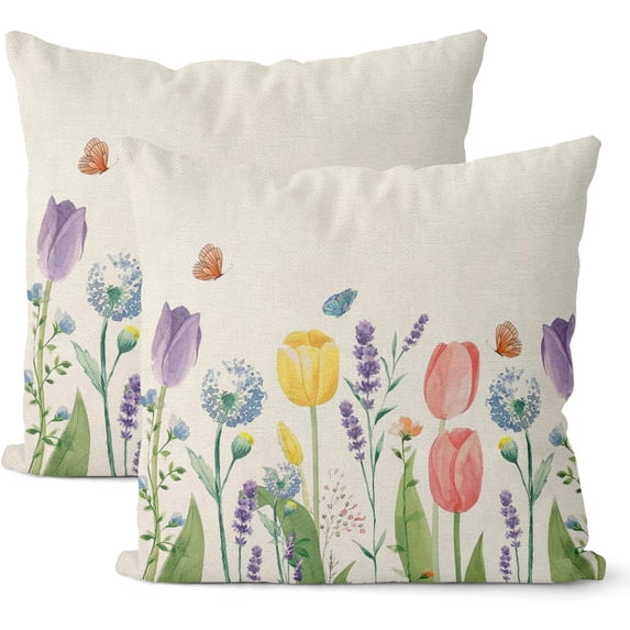 Spring Pillow Covers 18x18 Set of 2, Tulip Lavender Butterfly Throw Pillow Covers Flowers Decorative Mother''s Day Pillowcase Spring Decor for Home Couch Sofa Outdoor