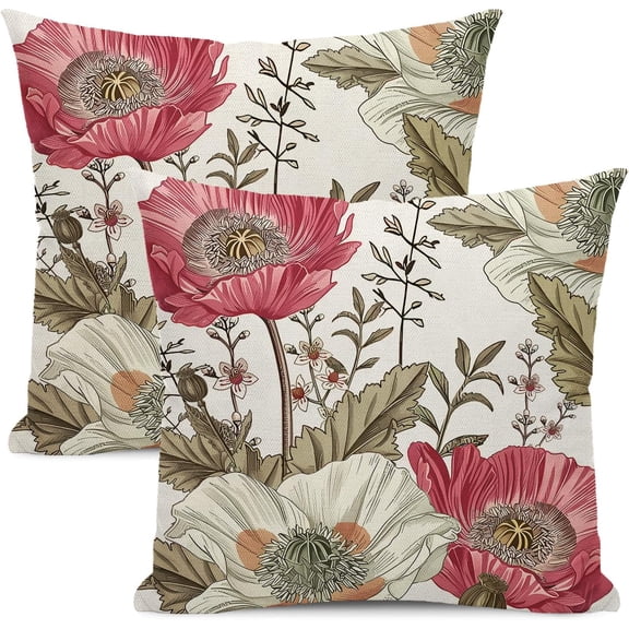 Spring Pillow Covers 18x18 Set Of 2 Vintage Beige Pink Floral Leaf Botanical Pattern Throw Pillow Covers Outdoor Decoration Rustic Flower Pillowcase Farmhouse Linen Cushion Cover For Home Sofa