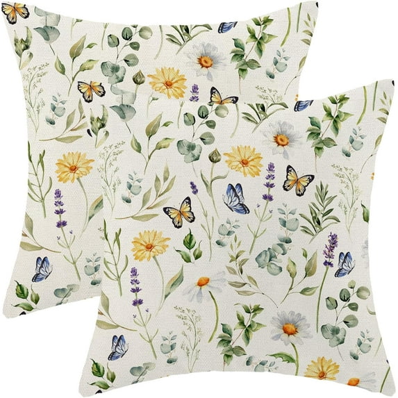 Spring Pillow Covers 18x18 Set of 2, Watercolor Wildflowers Daisy Decorative Throw Pillows Lavender Eucalyptus Butterflies Farmhouse Cushion Pillow Covers for Sofa Couch Outdoor Decor
