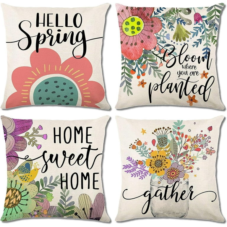 Spring Pillow Covers 18x18 Set of 4 Floral Spring Pillows Decorative Throw Pillows Cases Outdoor Farmhouse Home Sweet Home Bloom Hello Spring Decorations for Home Walmart