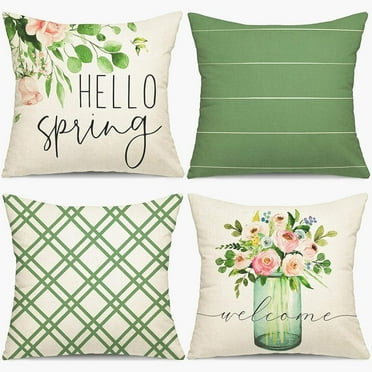 Spring Pillow Covers 18x18 Set of 4, Spring Summer Farmhouse Throw Pillow Cover Green Garden Linen Cushion Case for Home Decor