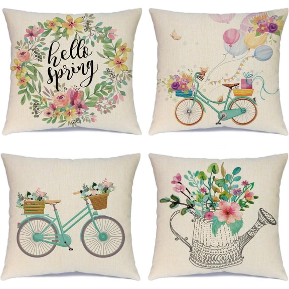 Spring Pillow Covers 18x18 Spring Decorations Set of 4 Decorative Pillow Cases Hello Spring Bicycle Butterfly Cotton Linen Holiday Throw Cushion Covers for Spring Season''s Home Farmhouse Decor