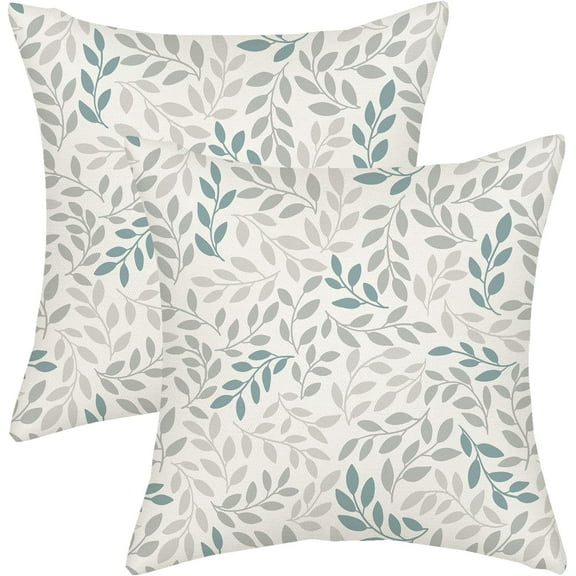 Spring Pillow Covers 18x18 Teal Cream Leaves Farmhouse Decor Throw Pillows Case for Couch Leaf Seasonal Pillowcase Outdoor Decorative Cushion Case for Sofa Bed Decorations Set of 2