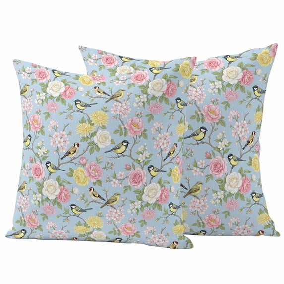 Spring Pillow Covers 2 Pack Blue Traditional Flowers Birds Branches Ethnic Style Pillowcase Waterproof Outdoor Throw Pillow Cover for Patio Garden Square Cushion 26”x26”