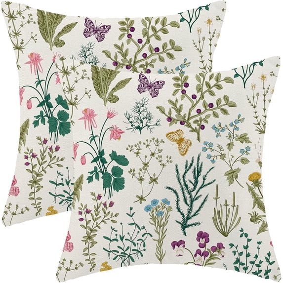 Spring Pillow Covers 20x20 Inch Set of 2,Sage Green Teal Wild Flower Plant Throw Pillows Case,Seasonal Floral Outdoor Decorative Linen Farmhouse Decor Cushion Covers for Home Sofa Bed Couch