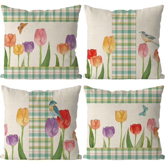 Spring Pillow Covers 20x20 Inch Set of 4 Green Buffalo Plaid Floral Birds Throw Pillowcase Seasonal Summer Home Sofa Bedroom Living Room Holiday Decor Cushion Case Farmhouse Decorations