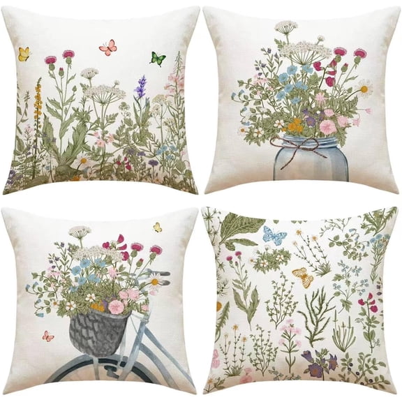 Spring Pillow Covers 20x20 Inch Set of 4 Green Plant Flower Throw Pillows Covers Floral Outdoor Decorative Square Linen Farmhouse Cushion Covers for Home Sofa Bed Couch