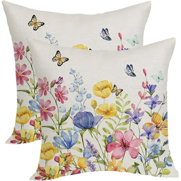 Spring Pillow Covers 20x20 Pack of 2 Colorful Floral Butterfly Throw Pillow Covers,Spring Summer Floral Pillowcase Rustic Farmhouse Decorative Linen Cushion Case for Home Sofa Indoor,Outdoor