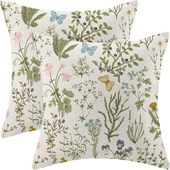 Spring Pillow Covers 20x20 Set of 2, Herb Wild Floral Decorative Throw Pillows Linen Sage Green Plant Flower Farmhouse Cushion Pillow Covers for Sofa Couch Outdoor