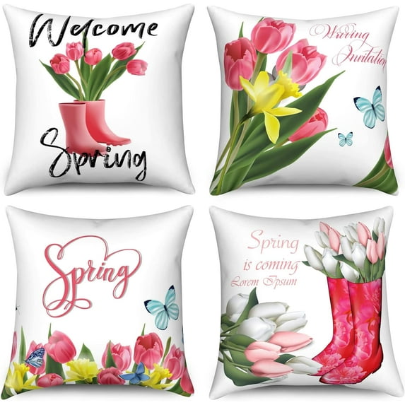Spring Pillow Covers Set of 4, Pink Tulip Throw Pillow Covers Flowers Pillowcase Farmhouse Decorations Velvet Cushion Case for Home Outdoor Yard 20inx20in